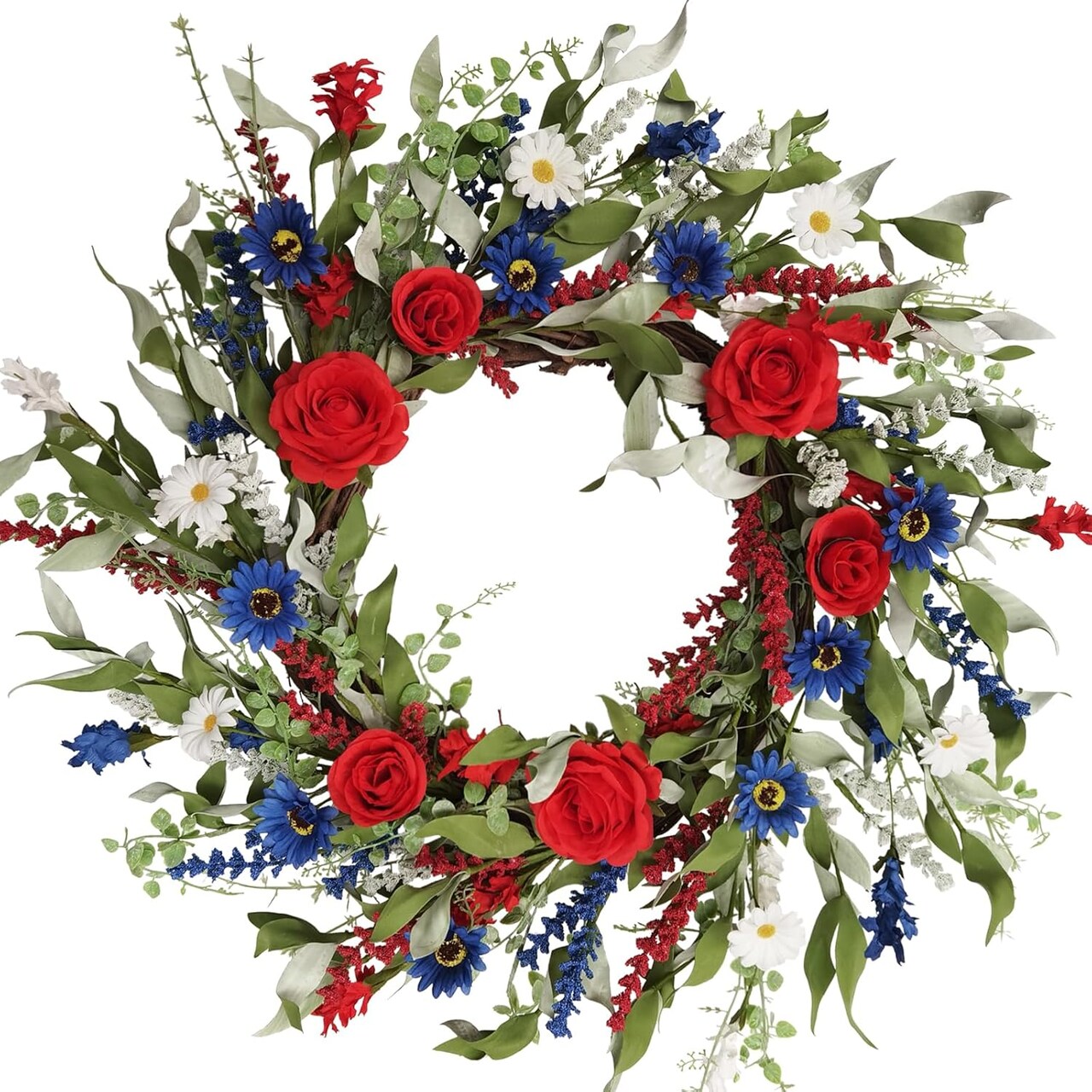20 Inch Patriotic Wreath for Front Door Artificial Spring/Summer Floral Wreath Red White Blue Roses Daisies Independence Day Memorial Day for Indoor Outdoor Home Wall Holiday Decor